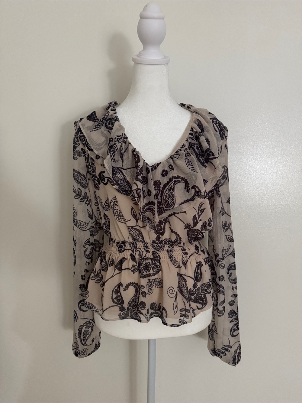 Express Beige Sheer Ruffled V-Neck Blouse with Black Paisley Print